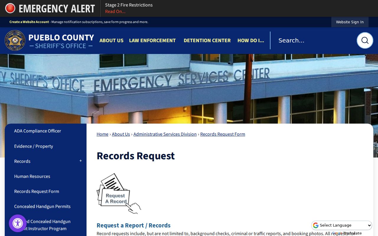 Pueblo County Sheriff's records request form for law enforcement records