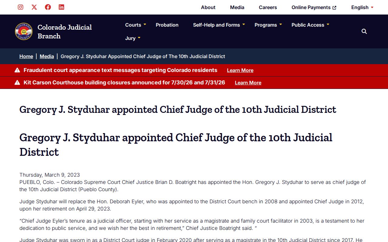 Colorado Judicial Branch 10th Judicial District Pueblo court administration source
