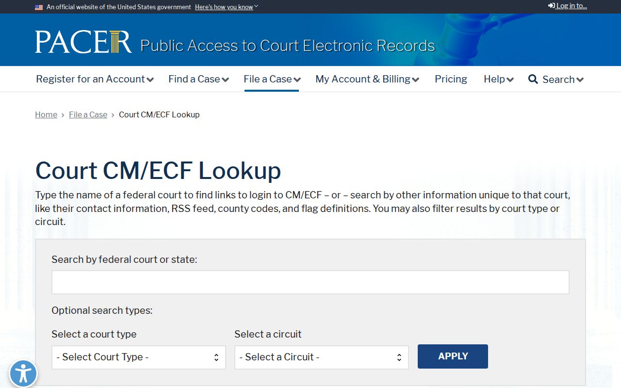 PACER CM ECF court lookup for federal docket systems