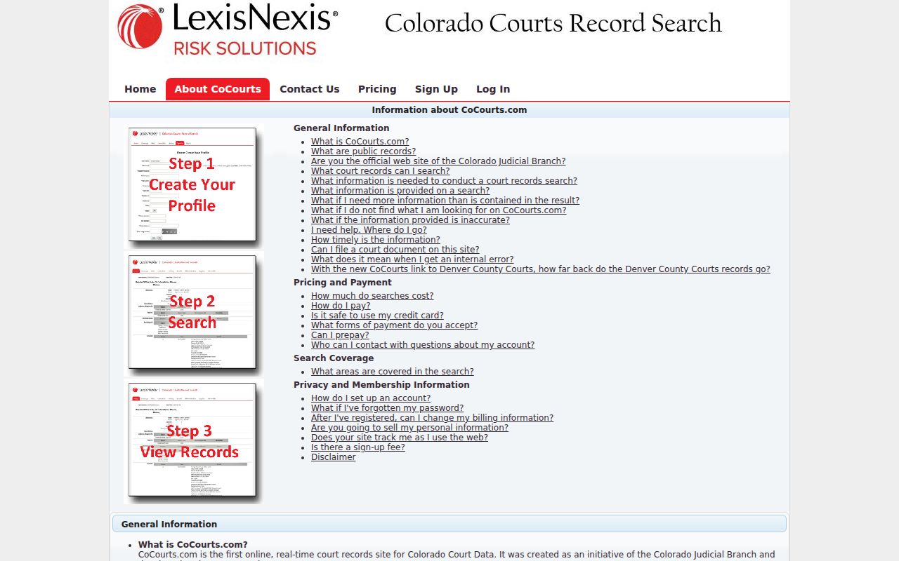 CoCourts coverage page explaining Colorado district and county case search limits