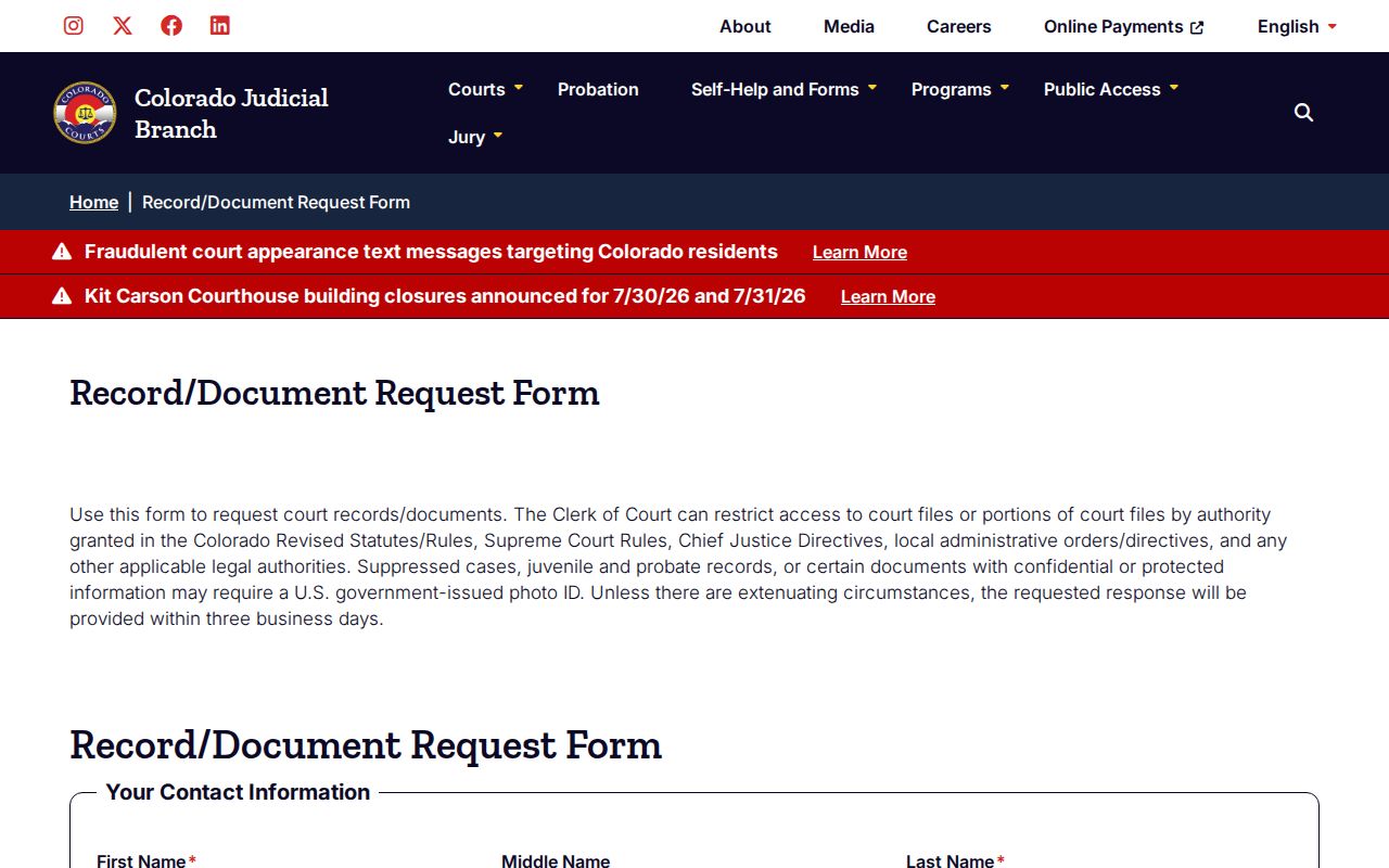 Colorado Judicial record and document request form for Pueblo County court records