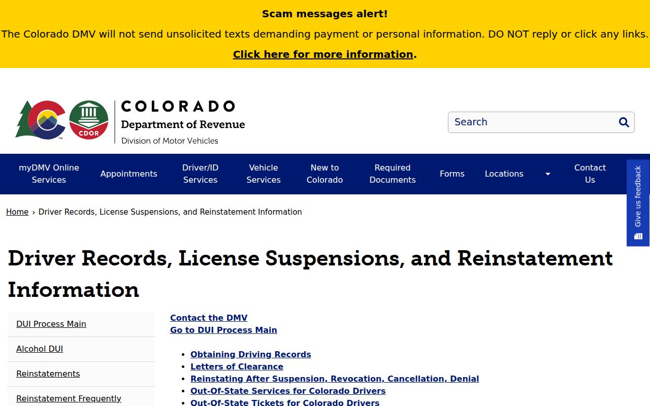 Colorado DMV driver records and reinstatements page separate from Pueblo court records