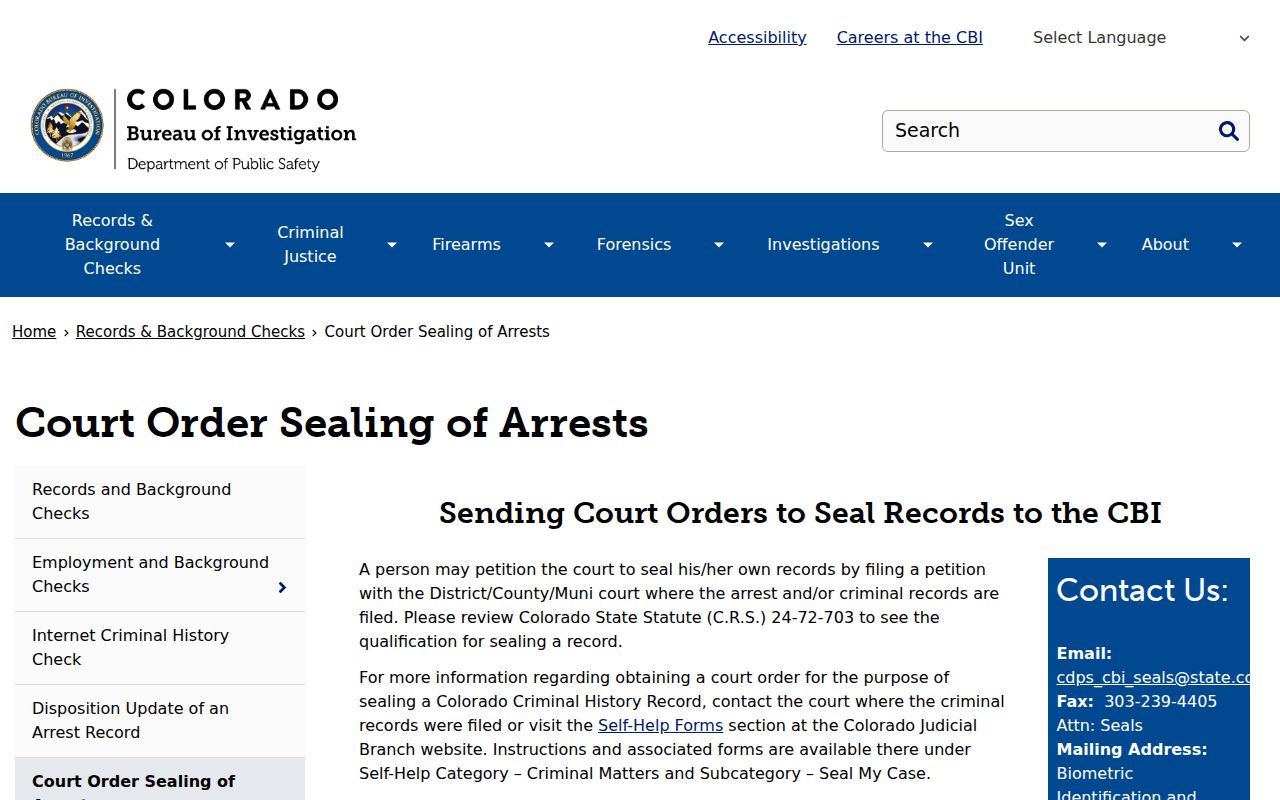 Colorado Bureau of Investigation court ordered sealing of arrests page