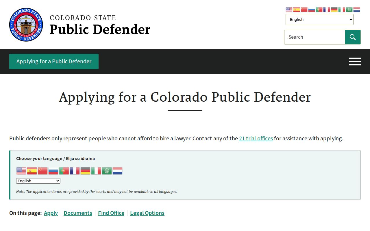 Colorado Public Defender application instructions for criminal defendants