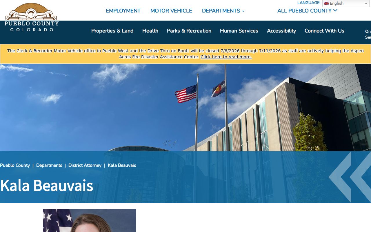 Pueblo County District Attorney Kala Beauvais contact and biography source