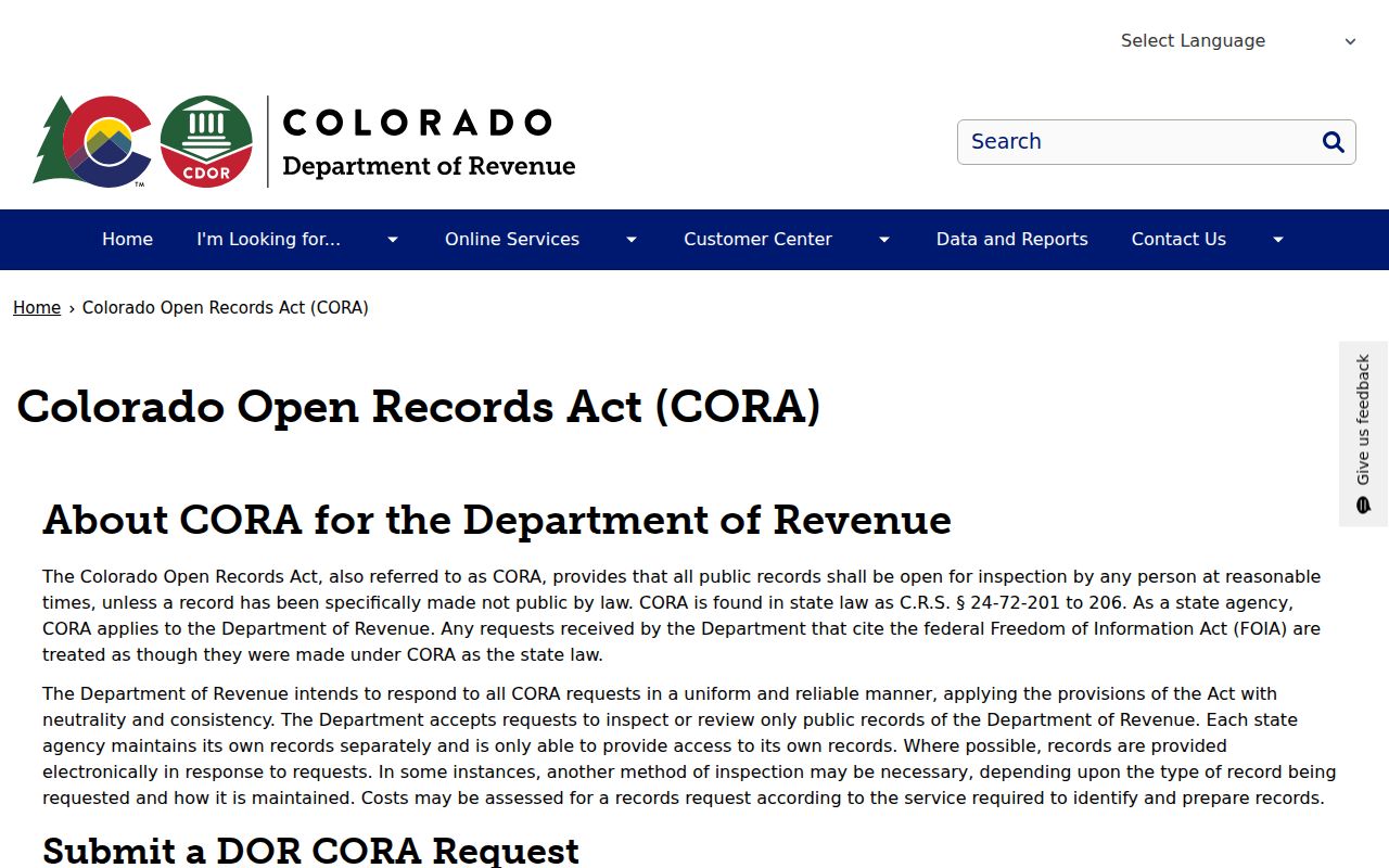 Pueblo County court records Colorado Department of Revenue CORA source