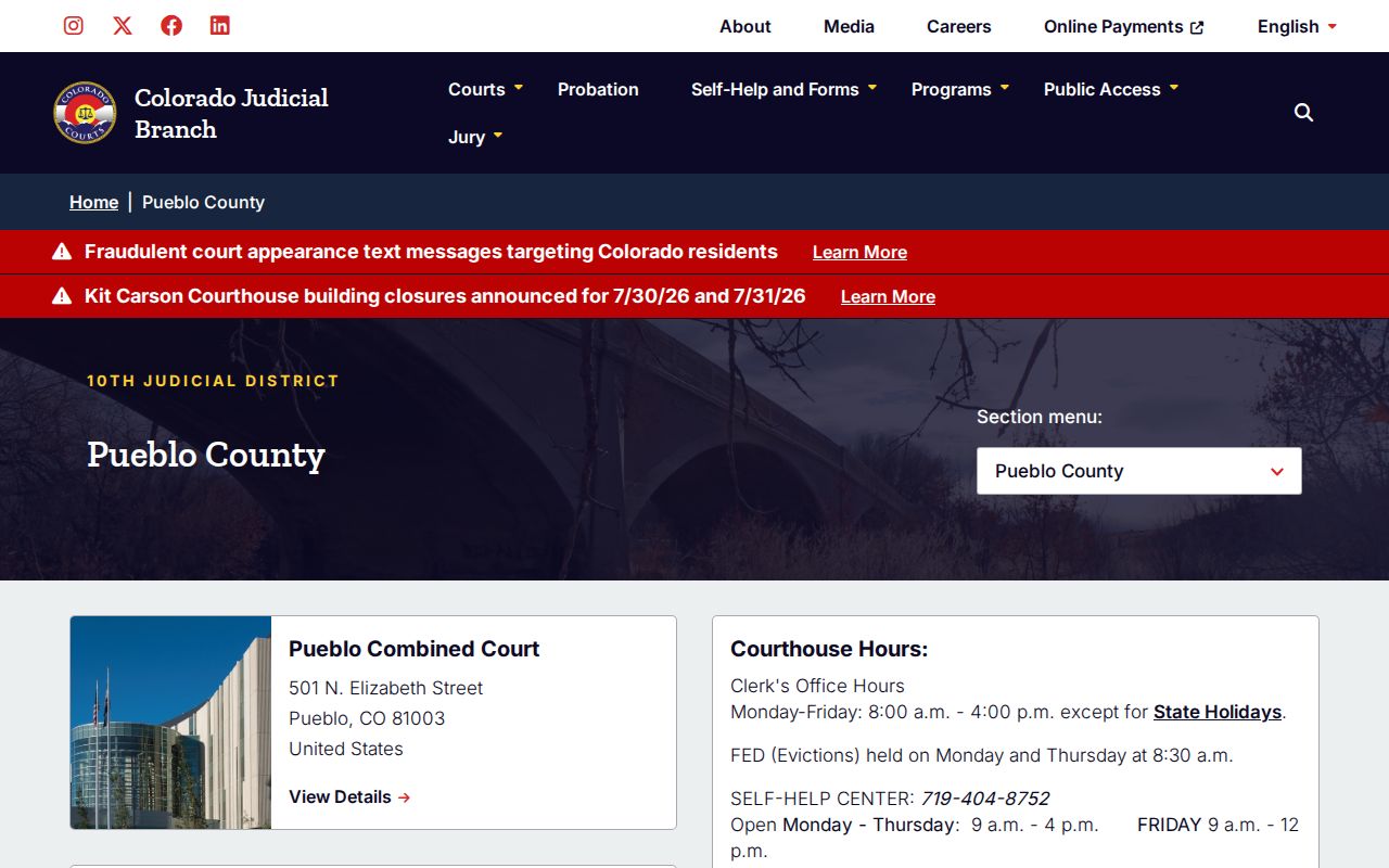 Pueblo County court records docket and jail web services reference