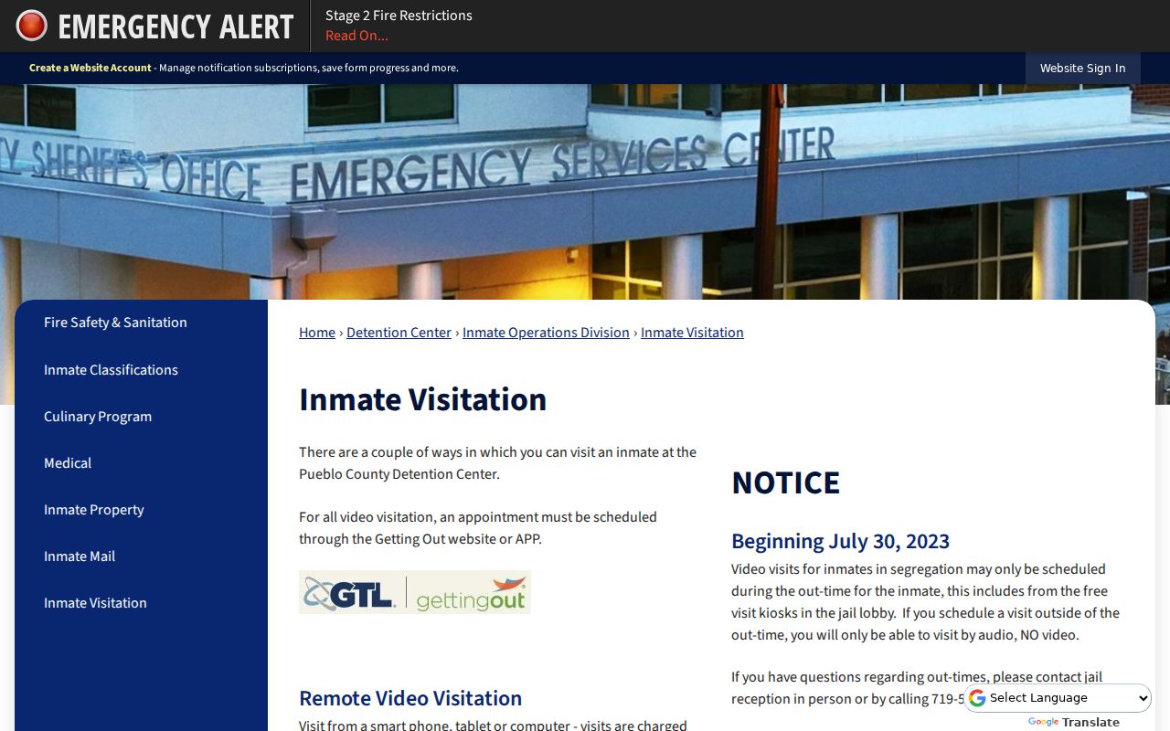 Pueblo County inmate records visitation scheduling page