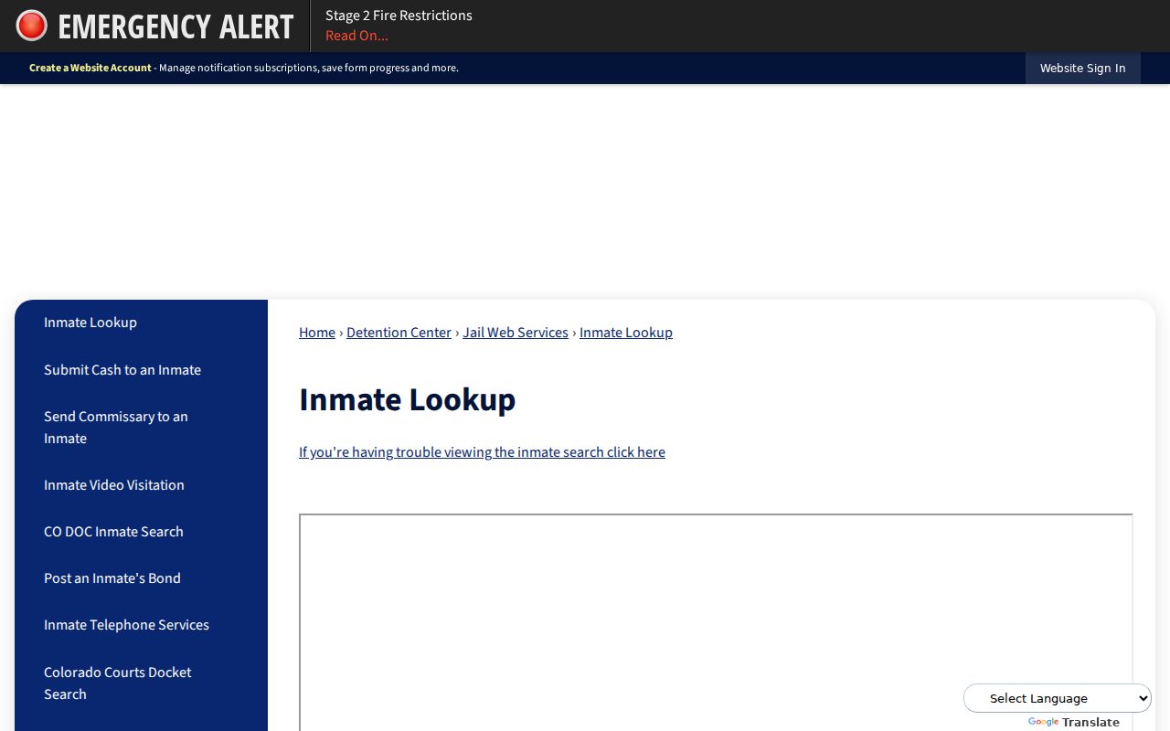 Pueblo County inmate records Sheriff inmate lookup page