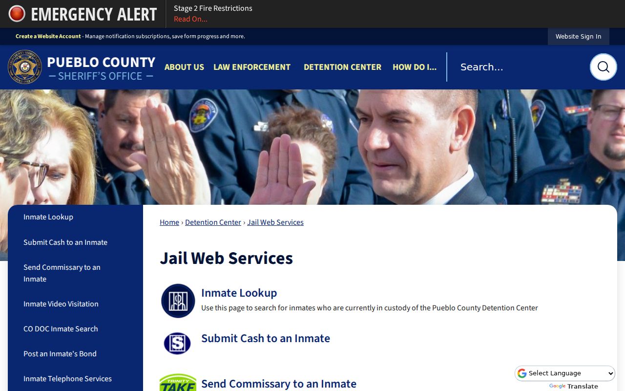 Pueblo County inmate records Sheriff jail web services page