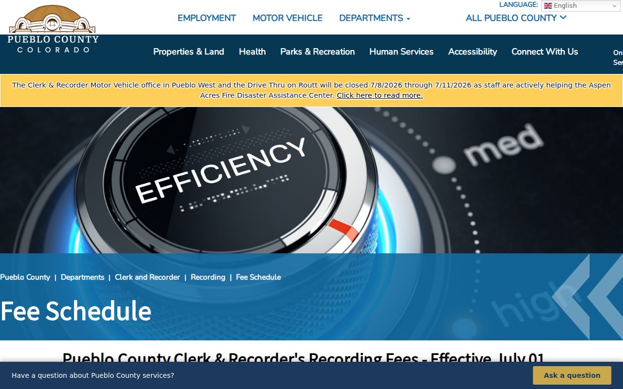 Pueblo County marriage and divorce records fee schedule