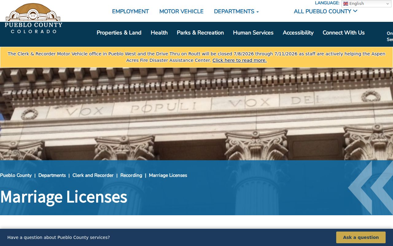 Pueblo County marriage records license requirements