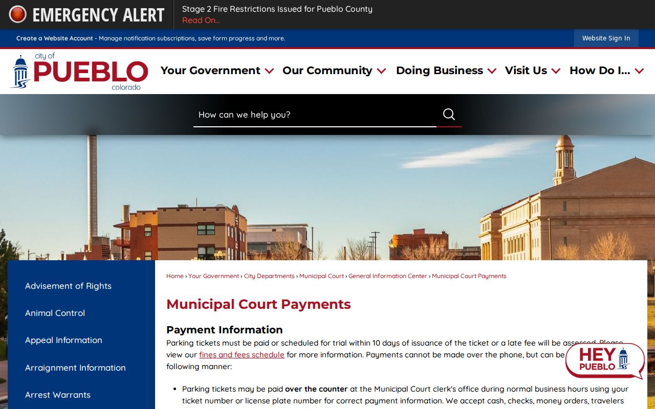 Pueblo County traffic court records Municipal Court payments landing page