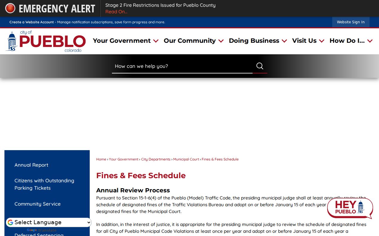 Pueblo County traffic court records Municipal Court fines and fees schedule