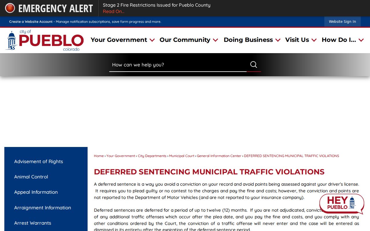 Pueblo County traffic court records municipal deferred sentencing page