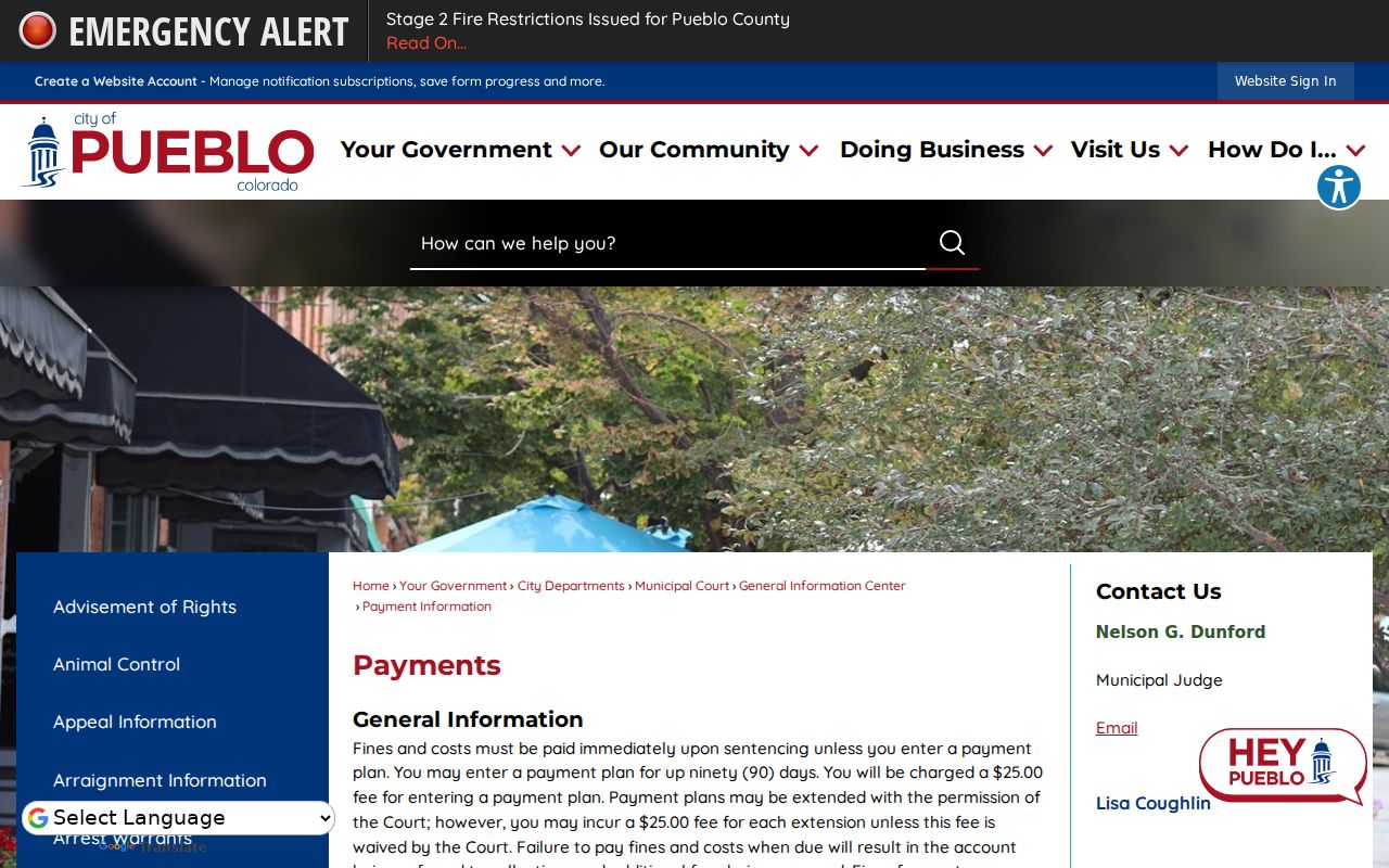 Pueblo County traffic court records Municipal Court payment information page