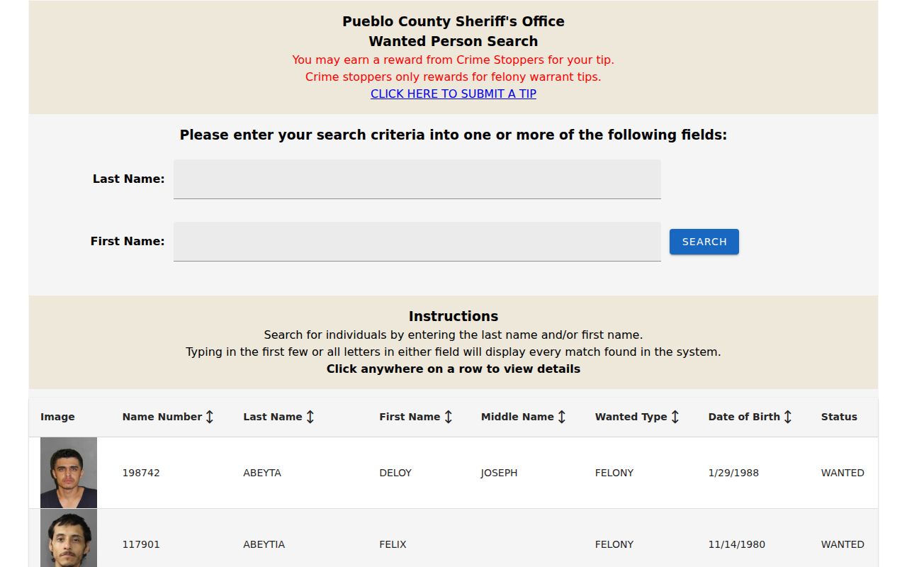 Pueblo County warrant records official PCNet wanted person search app