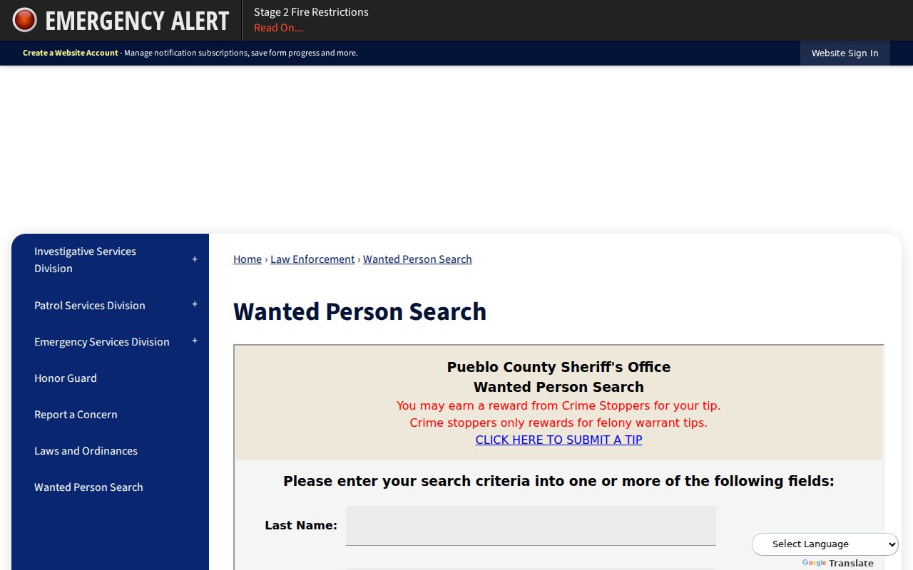 Pueblo County warrant records Sheriff wanted person search page